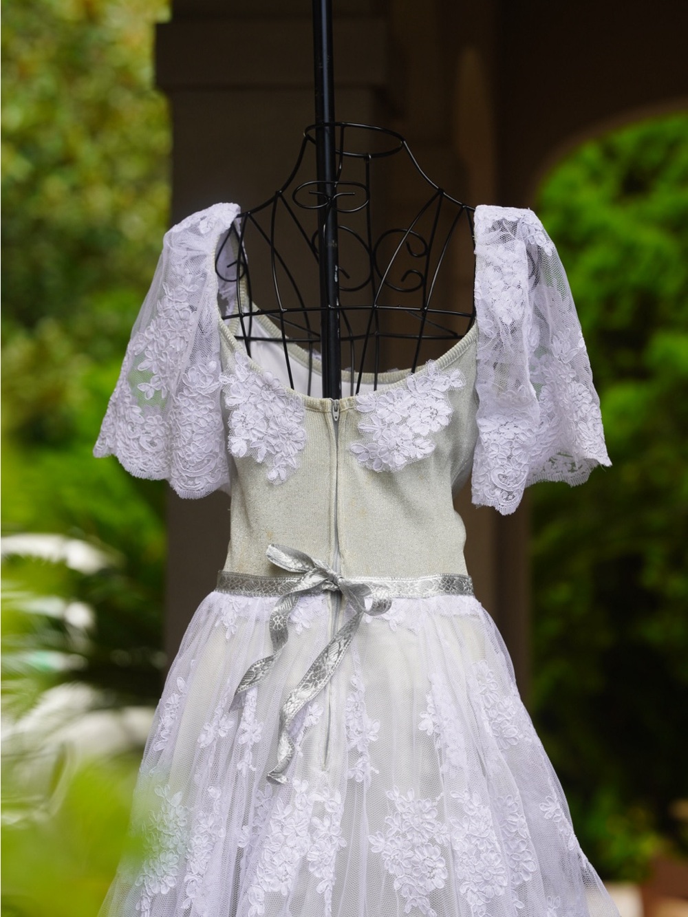 Vintage Ivory & Sage Lace Floral Appliqué Gown | Romantic Off-Shoulder Wedding - Picture 15 of 16
